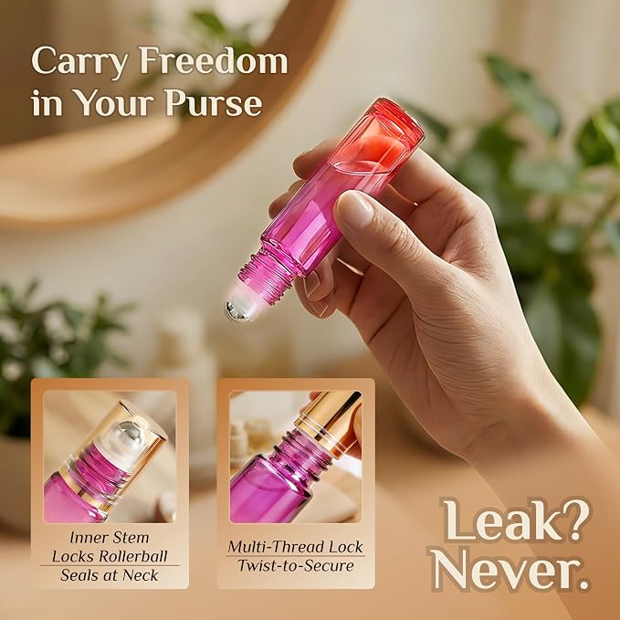 PrettyCare 24 Pack, 10 ml Essential Oil Roller Bottles with Stainless Steel Roller Ball - Refillable Leak-proof Empty Thick Red & Purple Glass Roll on Bottles with Golden Caps for Travel, Perfume