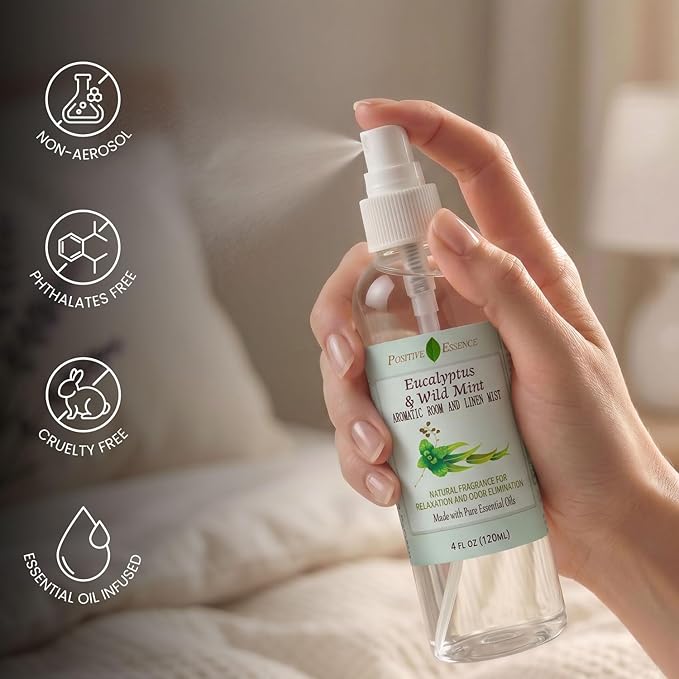 Eucalyptus & Wild Mint Room and Linen Spray, Natural Aromatic Mist Made with Pure Eucalyptus & Wild Mint Essential Oils, Refreshing Air Freshener Odor Eliminator Positive Essence