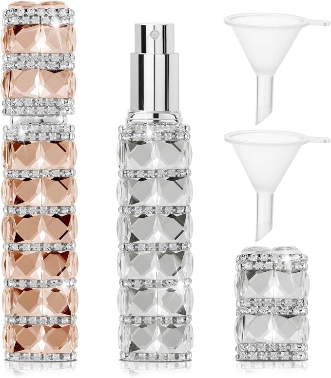 Travel Perfume Atomizer Refillable Bottle, 12ml Rhinestone Mini Perfume Bottles Empty Refillable Travel Atomizer Sprayer with Funnel (2Pcs-Champagne+Silver)