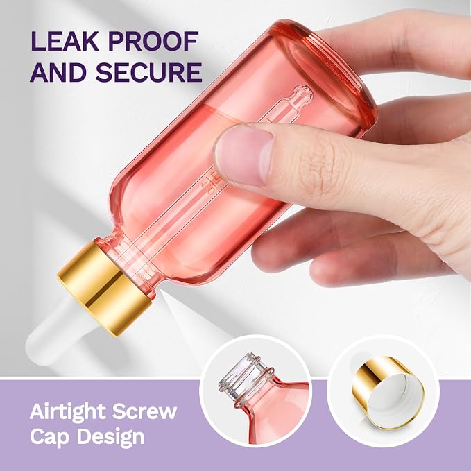 Bumobum 2 oz Glass Dropper Bottles, 2 pack Pink Lab dispensing Bottles for Essential Oils with Funnel, Labels & Pipette, Eye Tincture Bottle with Measured Dropper