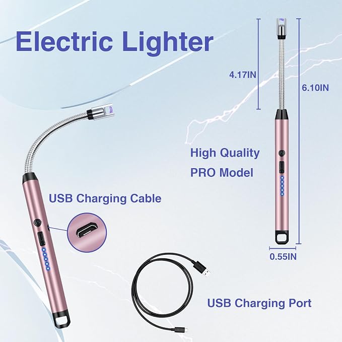 2 PCS Candle Lighter, Electric Lighter Arc Windproof Flameless with 360° Flexible Neck & LED Power Display, Lighters for Candle for BBQ, Grill, Camping, Fireplace, Stove(Pink)