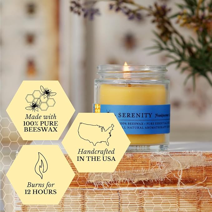 Big Dipper Wax Works Beeswax Aromatherapy Candle, Serenity, Apothecary Glass, Frankincense & Lavender Scented, 25-Hour Burn, Pure Essential Oils, 2" x 2.5"
