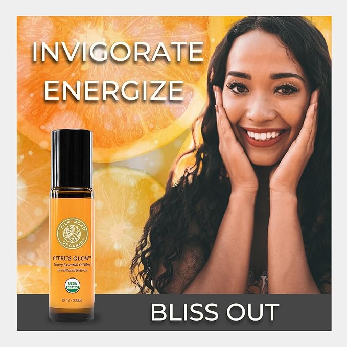 Silk Road Organic Citrus Glow Essential Oil Revive Blend Roll On for Stress, Energy & Focus | USDA Certified Citrus & Vanilla, 10 ml Roller