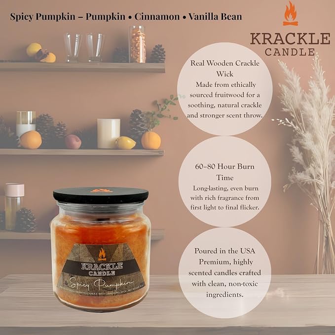 Krackle Candle | Spicy Pumpkin | 16 oz Scented Candle with Natural Crackling Wooden Wick | Poured in the USA | Pumpkin, Cinnamon & Vanilla Bean Fragrance