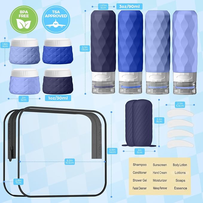 16Pack Travel Bottles for Toiletries, TSA Approved Travel Size Toiletries Containers Set, Silicone Leak Proof Refillable Bottles Elastic Sleeves Creams Jars Accessories Kit W/Clear Bag (Blue)