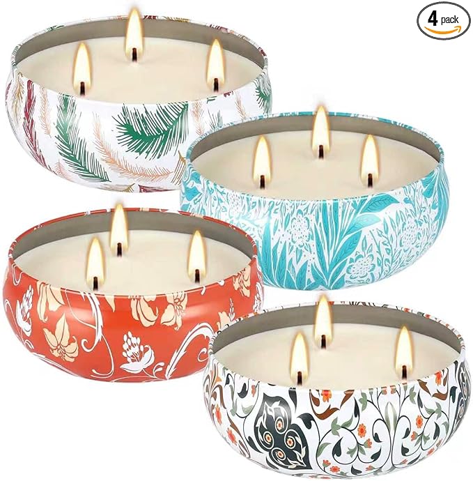 4-Pack Citronella Candle Set in Decorative Tropical Flower Tin Boxes - 3-Wick Functional Decorative Candles for Indoor & Outdoor Use - Perfect for Camping, Travel, BBQ, Picnics, and Mother's Day Gift