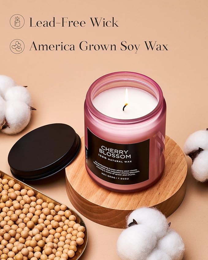 M&SENSE Cherry Blossom Scented Candle, 7.05oz Natural Organic Soy Wax, 50 Hours Non Toxic, Spring Smelling Home Scented Candle for Bath Relaxation, Stress Relief Housewarming Gift for Her