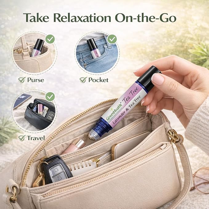 GreenHealth Lavender & Tea Tree Essential Oil Roll On 10 ml – Pre-Diluted Aromatherapy Roller, Ready to Use, Portable Roll-On, Relaxing Lavender & Refreshing Tea Tree Blend for On-the-Go Use