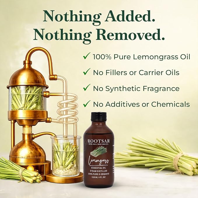 Lemongrass Essential Oil – 100% Pure Organic Lemongrass Oil, Steam Distilled, 4 FL OZ / 118 ML – Premium Essential Oil for Diffuser, Aromatherapy, Massage, Skin Care, Candle & Soap Making
