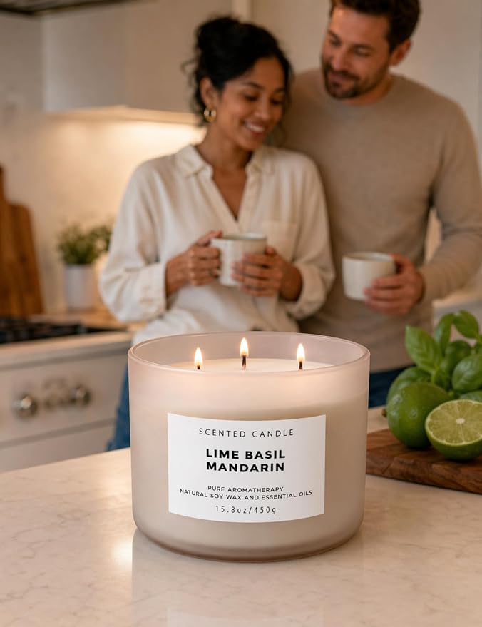 Lime Basil Mandarin 3-Wick Soy Candle | 15.8 oz Large Scented Candle for Home | Clean Burn Long Lasting | Fresh Herbal Citrus Scent | Gift Ready