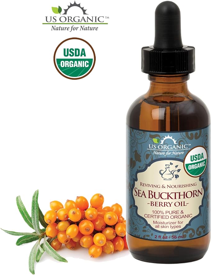 US Organic Sea Buckthorn Berry (Fruit) Oil, Supercritical CO2 extracted, USDA Certified Organic,100% Pure Virgin, Unrefined in Amber Glass Bottle, Face, Hair, spot treatment, Anti Aging, 2 oz (56 ml)