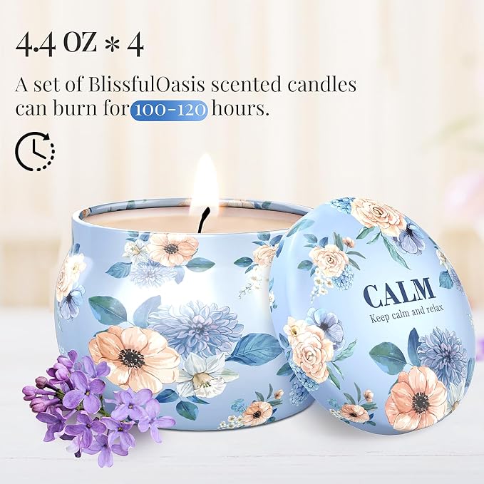 BlissfulOasis Scented Candles Set, 17.6 oz 4 Pack Home Scented Candles, 100-120 Hours Candle Set for Men Dad Women, Long Lasting Soy Wax Aromatherapy Gift for Birthday, Fathers Day, Mother's Day