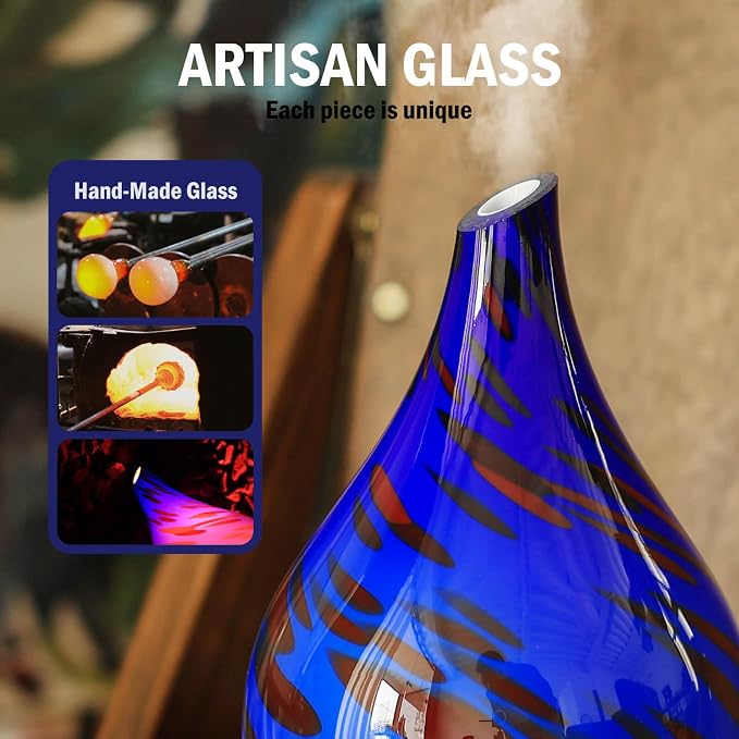 Porseme 150ml Essential Oil Diffuser Hand-Blown Glass Aroma Diffusor, Aromatherapy Unltrasonic Cool Mist deffuser, 7 Color Changing, Waterless Shut-Off, Timer Function for Home Office(Cobalt Blue)