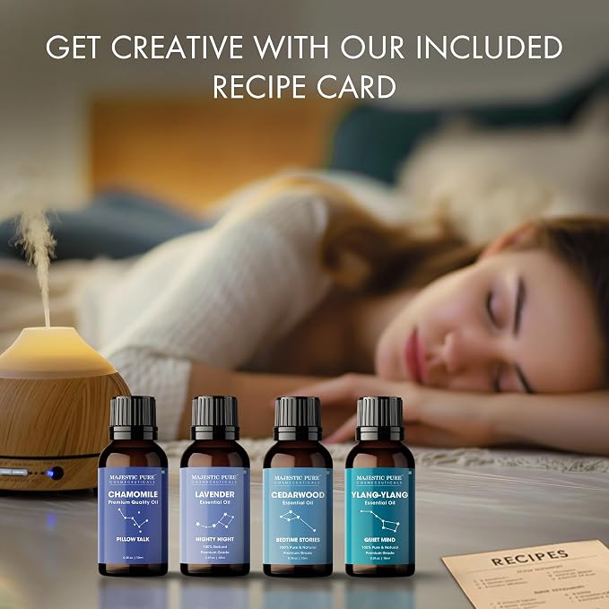 Majestic Pure, Restful Night Essential Oil Gift Set | 100% Pure & Natural Set for Soothing Nighttime and Self-Care Rituals | Lavender, Ylang Ylang, Cedarwood, Chamomile - Pack of 4