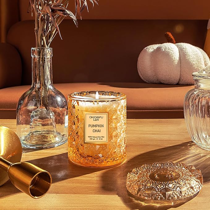 Pumpkin Chai Candles Halloween Candle Gift, Farmhouse Candles for Home, Luxury Scented Soy Jar Fall Candle with up to 55 Hour Long Lasting, Home Decor, Barn Fall Decor Pottery, 8.1oz