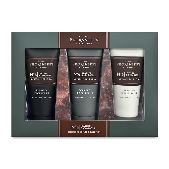 Pecksniff’s Men’s Trio Face Collection – Leather & Oakmoss – Face Wash, Scrub & Shave Balm Gift Set, 3 x 75ml