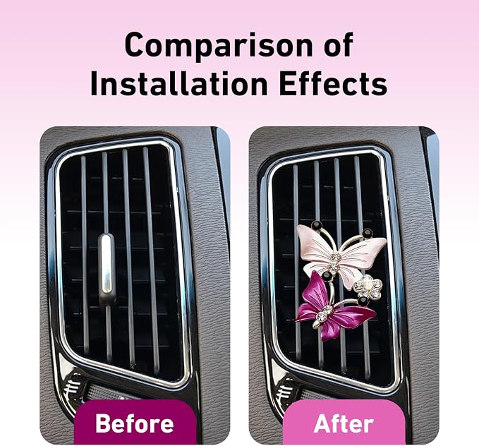 4 PCS Dual Butterfly Car Air Vent Clips, Car Air Vent Shimmering Rhinestone Butterfly Decoration Clips, Smell Diffuser for Horizontal Vertical AC Export, for Most Vehicles (Pink & Purple)