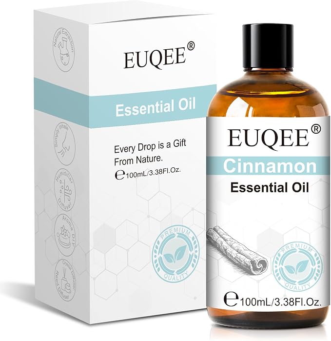 EUQEE 100ml Cinnamon Essential Oil, Pure Cinnamon Essential Oil for Diffuser, Massage, DIY Soap,Candle Making, Skin & Hair Care - 3.38 Fl Oz