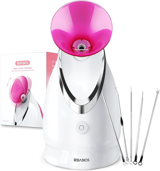 EZBASICS Facial Steamer - Professional Nano Ionic Face Steamer for Facial Deep Cleaning, Warm Mist Humidifier for Home Spa, Unclogs Pores Sinus, Bonus 5 Piece Stainless Steel Skin Kit (Pink)