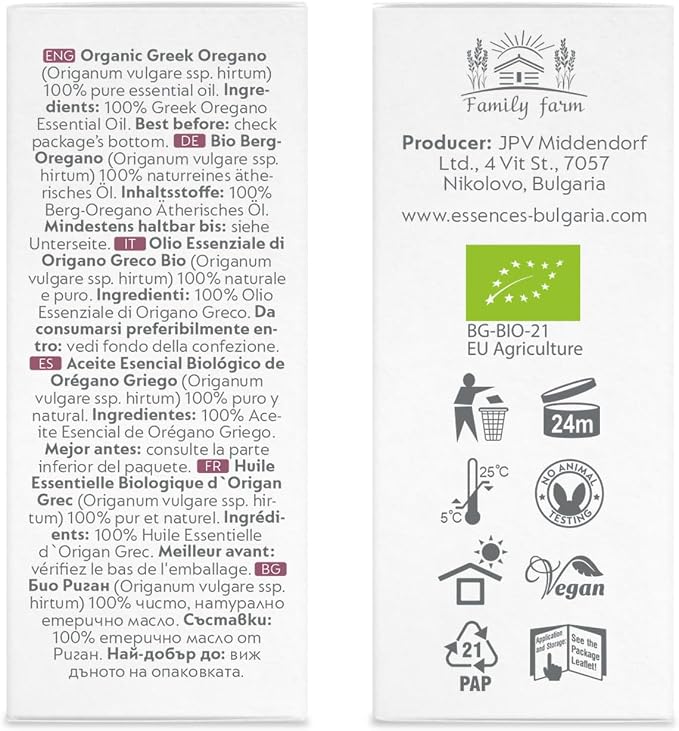 Essences Bulgaria Organic Greek Oregano Essential Oil 1/3 Fl Oz | 10ml | Origanum vulgare SSP. hirtum | 100% Pure and Natural | Undiluted | Therapeutic Grade | Family Owned Farm | Steam-Distilled