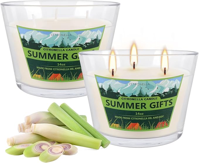 2 Pack 3-Wick Glass Cup Citronella Candles(14oz), Natural Soy Wax Clean Burning & Smokeless,citronella Scented Candle & Outdoor Candle,Camping Bar Counter Yard, Summer Gift.