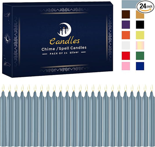 Kunrsug 24 Pack Silver Spell Chime Candles – Premium Mini Unscented Taper Candles for Rituals, Prayer, Birthdays, Meditation, Altar, Spells, Chime Candles - 4 Inch Tall - Ideal for Witches