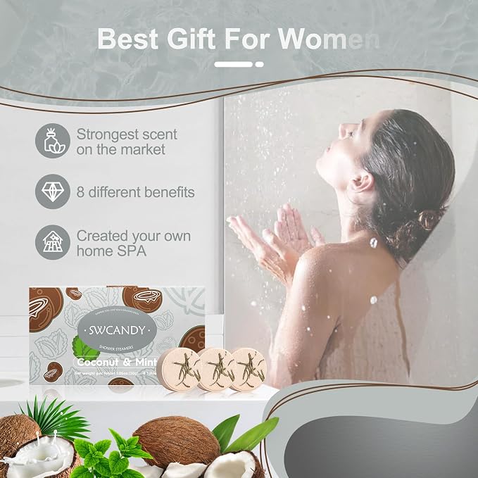 SWCANDY Shower Steamers Aromatherapy Birthday Gifts for Women Travel Essentials, 8 Pcs Coconut Mint, Bath Bombs Shower Bombs with Natural Essential Oils, Relaxation Home SPA