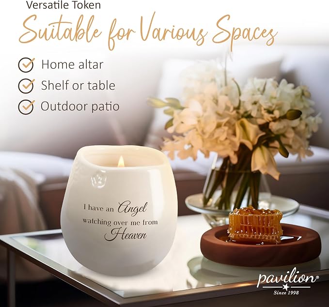 Pavilion Light Your Way Memorial Ceramic Vessel - 100% Soy Wax Candle with "I Have an Angel Watching Over Me From Heaven" Text, Decorative Soy Filled Candle, Scent of Tranquility, 8 oz, White