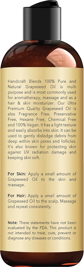 Handcraft Blends Grapeseed Oil | 100% Pure and Natural | Bath & Body Oil | Premium Grade Carrier Oil | Skin | Hair | Body | Massage | Cold-Pressed | Hexane-Free | 8 Fl Oz