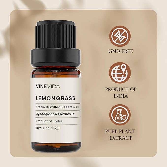 VINEVIDA Lemongrass Essential Oil - Undiluted Lemongrass Oil - DIY Candle Scents - 10 mL for Soap Making & Skin Safe