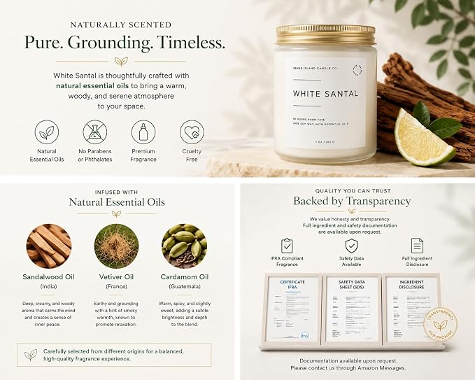 White Santal Scented Candle for Home | Natual Soy Wax | 50 hrs Burn Time | Hand Poured in Small Batches | Premium Fragrance