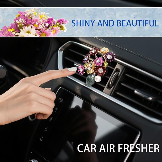 ORIESSE Flower Car Decor,Cute Dasiy Bird Vase Car Air Freshener Vent Clip,Bling Alloy Colorful DashBoard Vent Decorations Aesthetics for Women,Refillable Aroma Diffuser