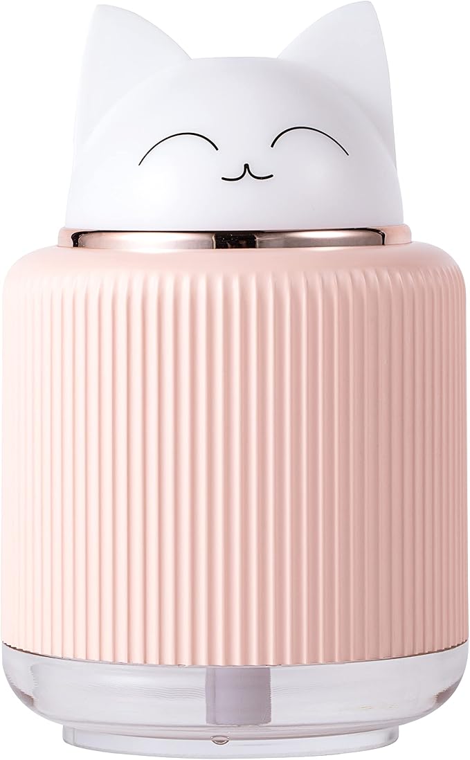 Mini Humidifier-Cute Cat Mist Humidifier for Kids Bedroom, Small Ultrasonic humidifier for Home Car Office with USB 2 LED Colors, Waterless Auto Shutoff, Quiet 300ml (Pink)