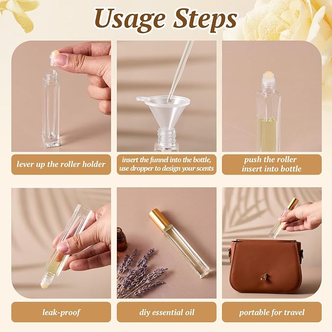 Domensi 30 Pack 10ml/0.34oz Citrine Crystal Roller Bottles for Essential Oils, Refillable Leak-proof Travel Perfume Roll on Bottles for DIY Aromatherapy, Skincare & Samples