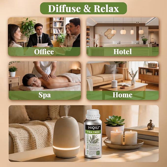 HIQILI Tea Tree Oil 16 Fl Oz, for Skin, Hair, Nail, Diffuser, Soap Making, Includes Two Portable Decanters