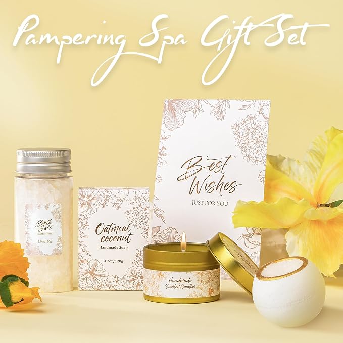 Gift Basket for Women, Self Care Set with Knitted Throw - Care Pkg - Beige | for Women Mom Her Friend Sister Wife Grandma Fringe Blanket, Spa Bath Bombs Candle Soap Sea Salt, Birthday Get Well