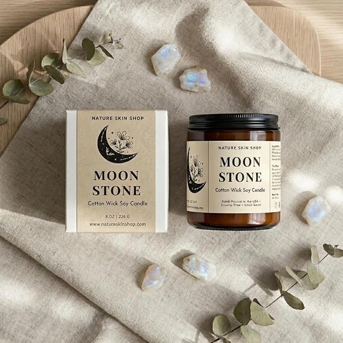 Nature Skin Shop Moonstone Artisan Soy Candle Night Blooming Jasmine and Sandalwood Aromatherapy Home Fragrance Vegan Cotton Wick 8 oz