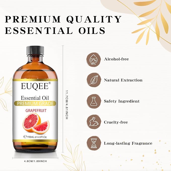 EUQEE Grapefruit Essential Oil 118mL Pure Grapefruit Oil, Large Capacity Essential Oil with Glass Dropper for Diffuser, Aromatheraphy, DIY Soap (4fl.oz)