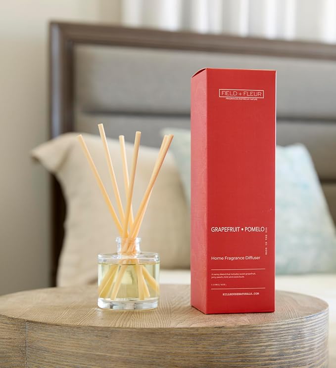 Field + Fleur - Reed Diffuser Set - Home Fragrance Diffuser - Refresh Home, Bedrooms, Bathrooms & More - Notes of Grapefruit, Peach, Mint & Citrus - Made in the USA - Grapefruit Pomelo Scent - 4 oz