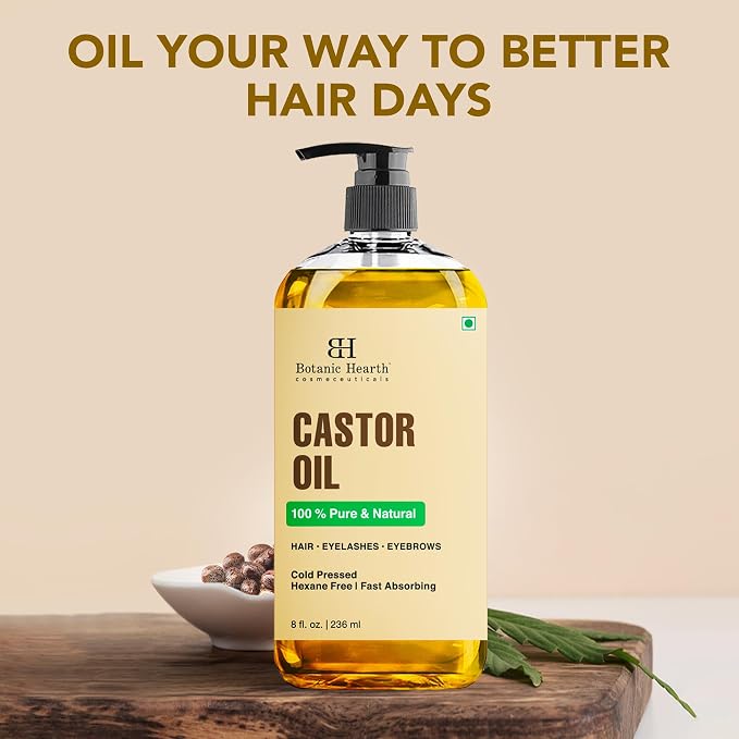 Botanic Hearth Castor Oil 8 Fl Oz| 100% Pure & Natural, Cold Pressed |For Hair, Eyelashes & Eyebrows | Hexane Free, Fast Absorbing | with Massage Roller Ball