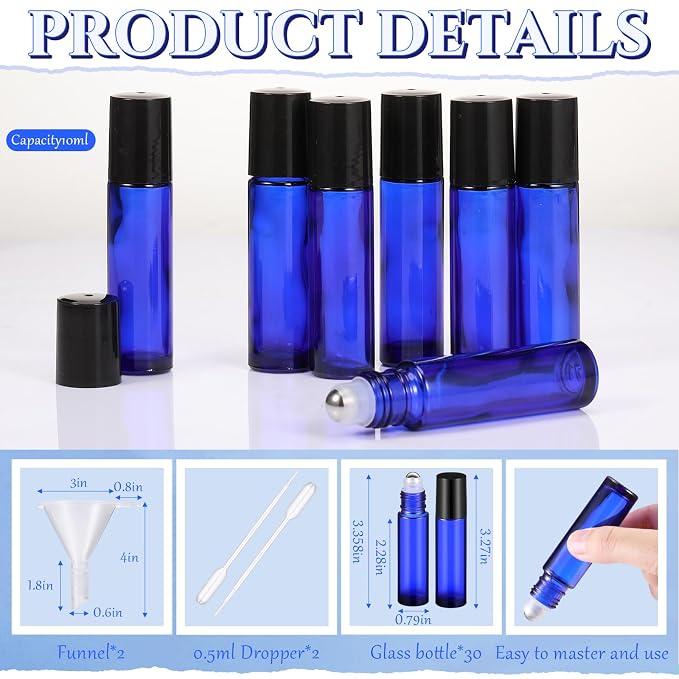 Domensi 30 Pcs Essential Oil Bottles, 10 ml Glass Bottle with Stainless Steel Roller Ball and Cap for Travel, Perfume, Lip Balm, 2 Funnels, 0.5 ml Dropper(Cobalt Blue)