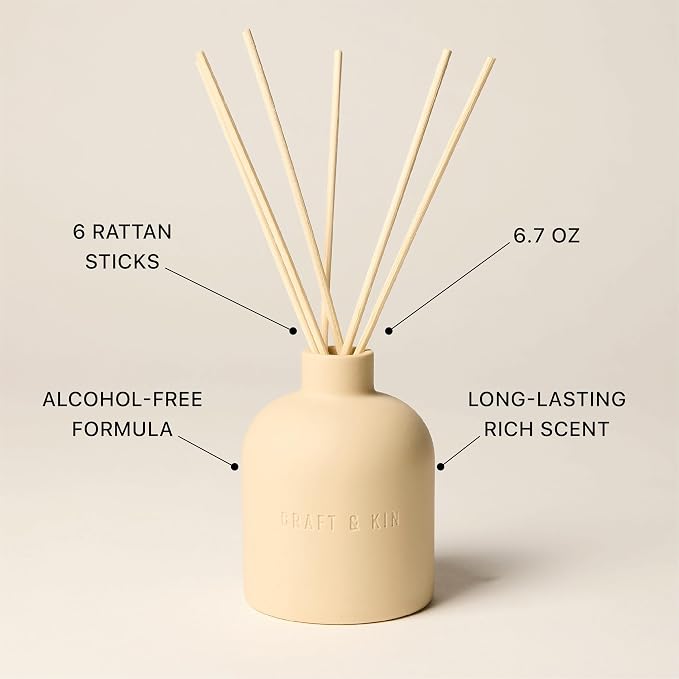 Craft & Kin Neroli & Jasmine Reed Diffuser – Earthenware Collection, 6.7 oz – Alcohol-Free Essential Oil Diffuser for Home & Bathroom – Long-Lasting Fragrance Sticks – Ceramic Room Decor