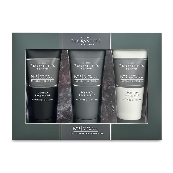 Pecksniff’s Men’s Trio Collection – Amber & Oud Wood – Face Wash, Scrub & Shave Balm Gift Set, 3 x 75ml