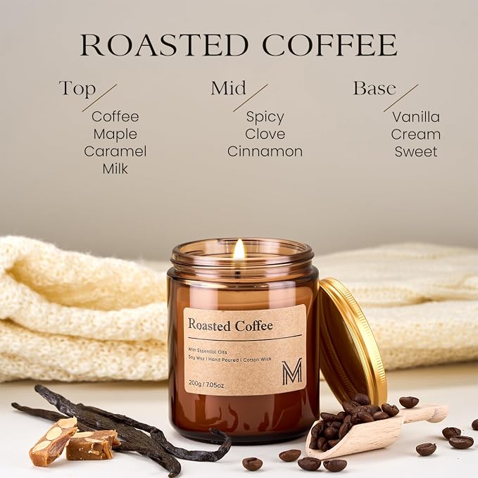 M&SENSE Roasted Coffee Scented Small Candle, 7.5Oz Aromatherapy Candle for Home Fragrance, Soy Wax Candles Gift for Birthday, Housewarming, Amber Jar Candle for Stress Relief, Meditation, Yoga