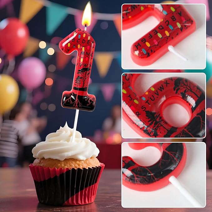 Red Number 1 Birthday Candle for Cake – Dark Horror Style with Alphabet Print & Shadow Design – Unique Cake Topper for Birthday, Anniversary, Themed Party Decoration