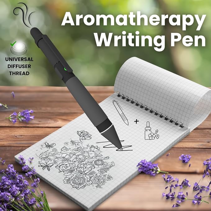 Aromatherapy Writing Pen Battery with Real Ink Tip and Hidden Diffuser Port, Soft Touch Ballpoint for Note Taking, Signature, and On-the-Go Relaxation, Rechargeable Wellness Gift for Office or Travel