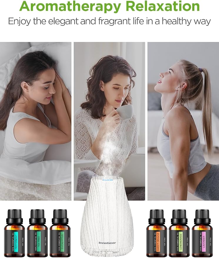InnoGear Essential Oil Diffuser with Oils, 100ml Aromatherapy Diffuser with 6 Essential Oils Set, Aroma Cool Mist Humidifier Gift Set, Grey Wood Grain