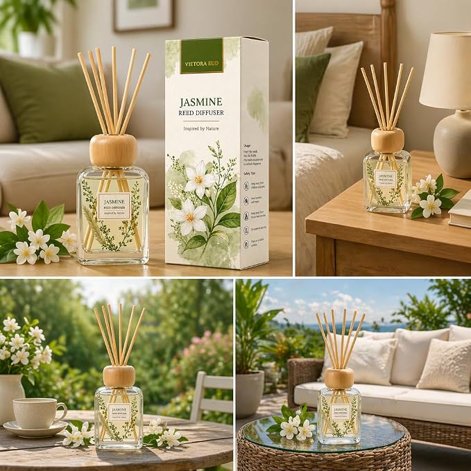 Jasmine Reed Diffuser Set, Floral Home Fragrance for Bedroom & Bathroom, Long Lasting Essential Oil Diffuser Sticks, Relaxing Fresh Scent, Stress Relief, 3.4 FL OZ
