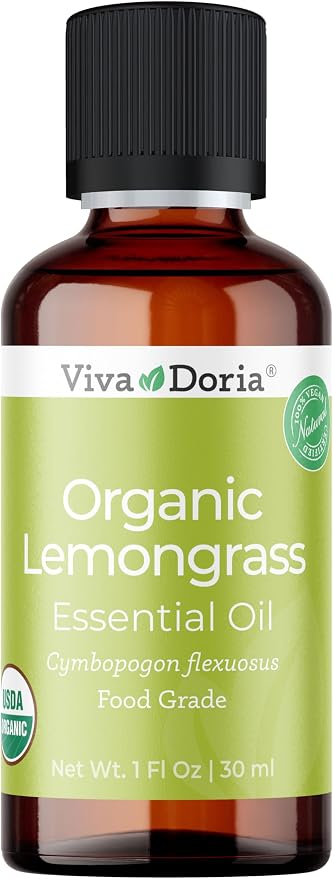 Viva Doria Lemongrass Essential Oil, USDA Certified, Organic Lemongrass Oil, 100% Pure, Natural Essential Oil, Undiluted, for Aromatherapy | Food Grade, 30 mL (1 Fluid Ounce)