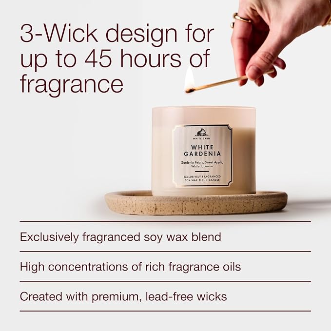 Bath & Body Works White Gardenia 3-Wick Candle - Scented Candle for At-Home Use - Long-Lasting, Room-Filling Fragrance - High Fragrance Oil Concentration - Soy Wax Blend